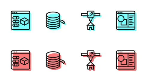 Set line 3D printer house, , Filament for and software icon. Vector Ilustração Stock