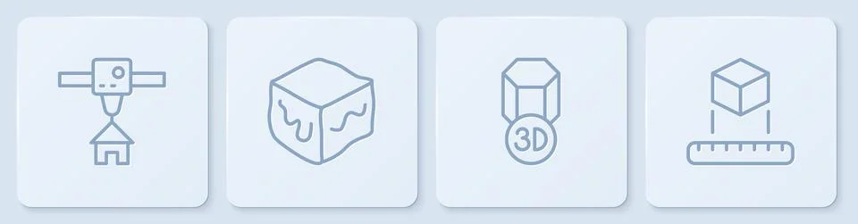 Set line 3D printer house, , Isometric cube and . White square button. Vector Stock Illustration