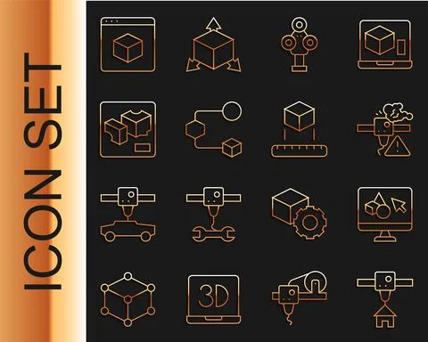 Set line 3D printer house, software, warning, scanner, Isometric cube, and icon Ilustração Stock