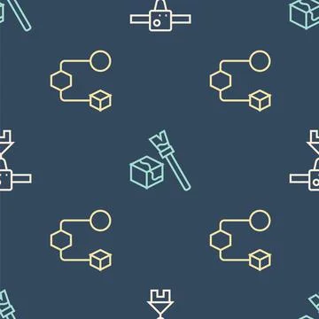 Set line 3D printer house, Isometric cube and on seamless pattern. Vector Stock Illustration