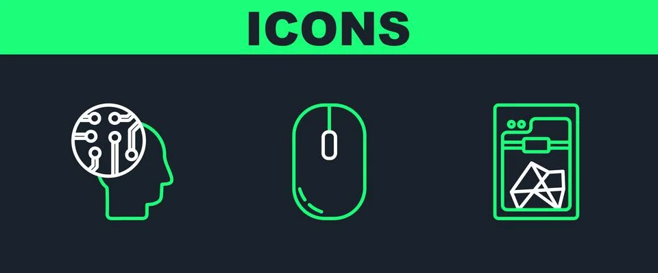 Set line 3D printer, Human brain as digital circuit board and Computer mouse  Stock Illustration