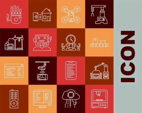 Set line 3D printer, Industrial machine robotic robot arm hand, Conveyor belt Stock Illustration