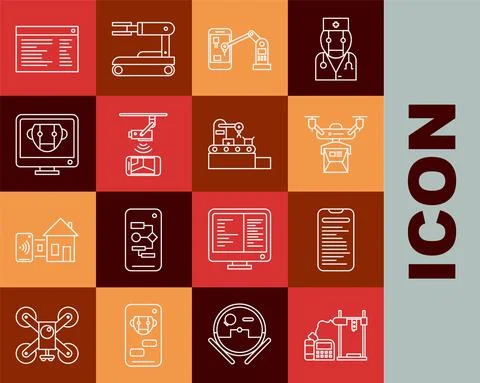 Set line 3D printer, Industrial machine robotic robot arm hand, Wireless Stock Illustration