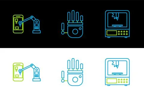 Set line 3D printer, Industrial machine robotic robot arm hand and Mechanic.. Stock Illustration