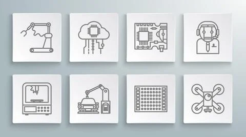 Set line 3D printer, Internet of things, Industrial machine robotic robot arm Stock Illustration