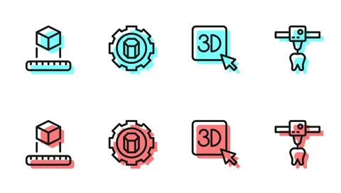 Set line 3D printer, Isometric cube, setting and tooth icon. Vector Stock Illustration