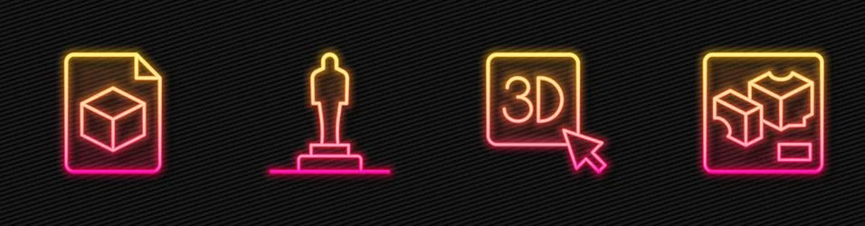 Set line 3D printer, Isometric cube file, model and . Glowing neon icon. Vector Stock Illustration