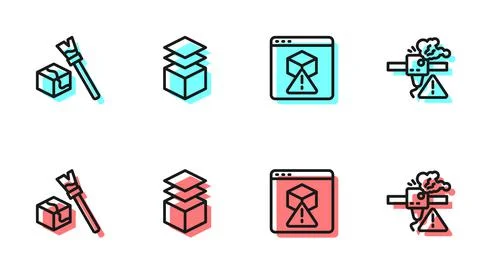 Set line 3D printer, Isometric cube, Layers and warning icon. Vector Stock Illustration