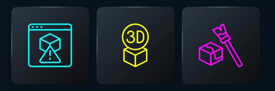 Set line 3D printer, Isometric cube and . Black square button. Vector Stock Illustration