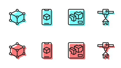 Set line 3D printer, Isometric cube, software and house icon. Vector Illustrazione stock