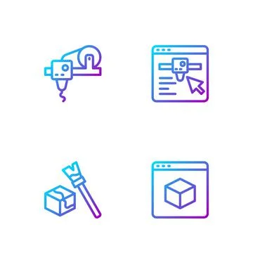 Set line 3D printer, Isometric cube, and setting. Gradient color icons. Vector Stock Illustration