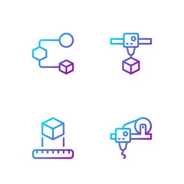 Set line 3D printer, Isometric cube, and . Gradient color icons. Vector Stock Illustration