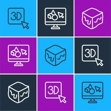 Set line 3D printer, Isometric cube and software icon. Vector Stock Illustration