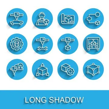 Set line 3D printer, Isometric cube, car, wrench spanner, and icon. Vector Stock Illustration