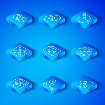 Set line 3D printer, Isometric cube file, scanner with, 3d pen tool, setting Stock Illustration