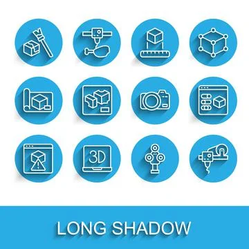 Set line 3D printer, Isometric cube, scanner, and Photo camera icon. Vector Stock Illustration