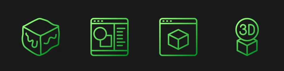 Set line 3D printer, Isometric cube, software and . Gradient color icons. Vector Stock Illustration