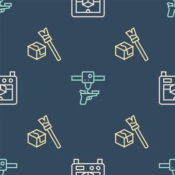 Set line 3D printer, Isometric cube and gun on seamless pattern. Vector Stock Illustration