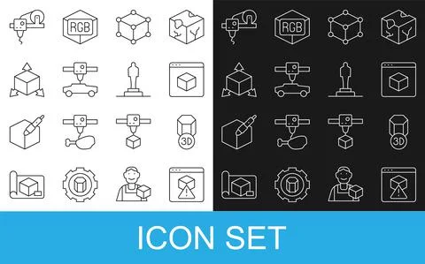 Set line 3D printer, Isometric cube, car, and model icon. Vector 스톡 일러스트
