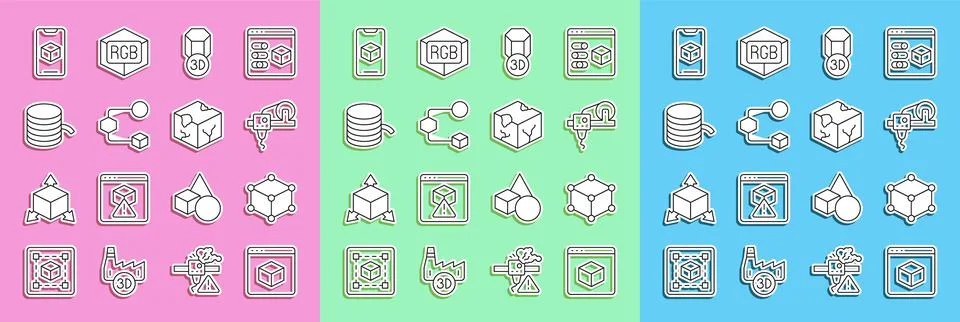 Set line 3D printer, Isometric cube, Filament for, software and icon. Vector Ilustração Stock
