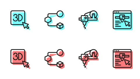 Set line 3D printer, , Isometric cube and setting icon. Vector Stock Illustration