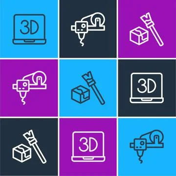 Set line 3D printer, Isometric cube and icon. Vector Stock Illustration