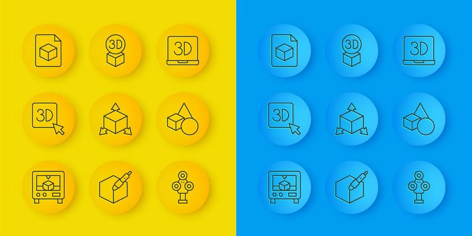 Set line 3D printer, Isometric cube, scanner, Basic geometric shapes, file, and Illustrazione stock