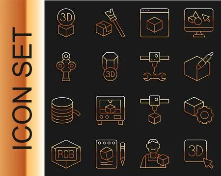 Set line 3D printer, Isometric cube, 3d pen tool, scanner, and wrench spanner Ilustração Stock