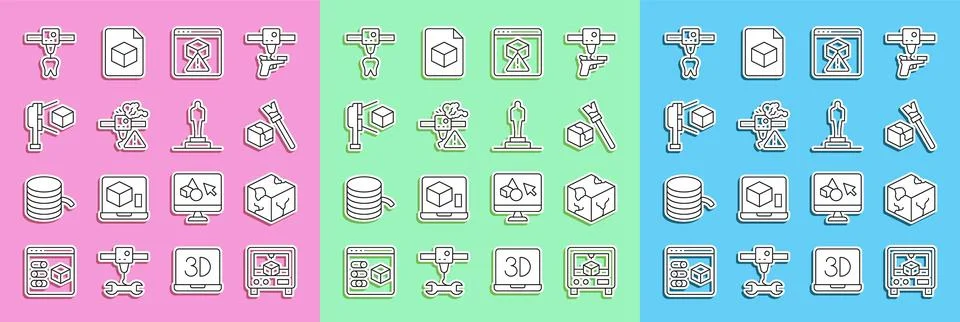Set line 3D printer, Isometric cube, warning, scanner with, tooth and model icon Stock Illustration
