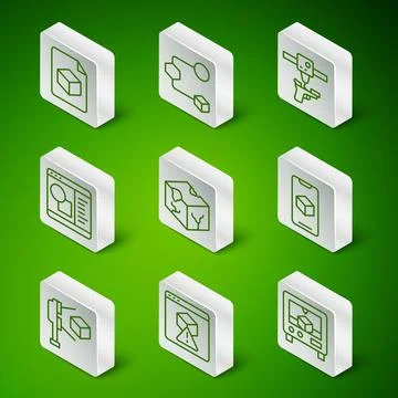 Set line 3D printer, Isometric cube file, software, scanner with and icon Ilustração Stock