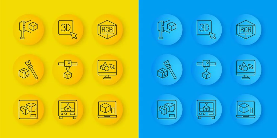 Set line 3D printer, Isometric cube, software, scanner with, RGB and CMYK color Ilustração Stock