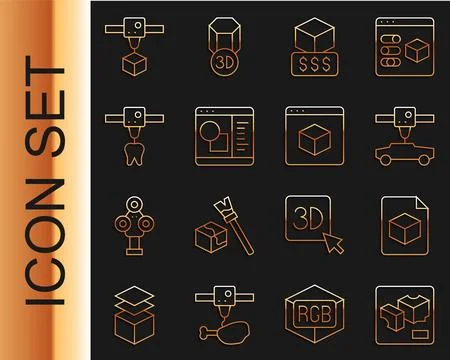 Set line 3D printer, Isometric cube file, car, services, software, tooth, and Ilustração Stock