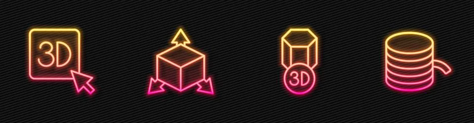 Set line 3D printer, , Isometric cube and Filament for. Glowing neon icon. .. Stock Illustration