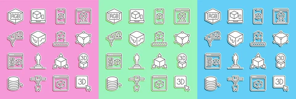 Set line 3D printer, Isometric cube, software, RGB and CMYK color mixing an.. Ilustração Stock