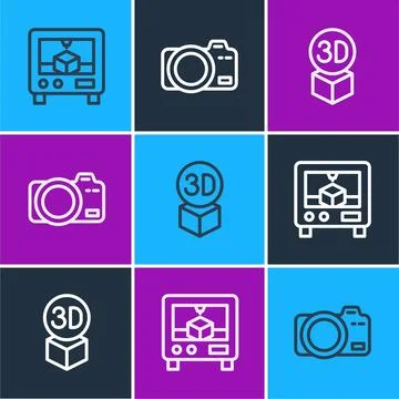 Set line 3D printer, Isometric cube and Photo camera icon. Vector Stock Illustration