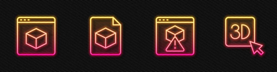 Set line 3D printer, , Isometric cube file and . Glowing neon icon. Vector Stock Illustration