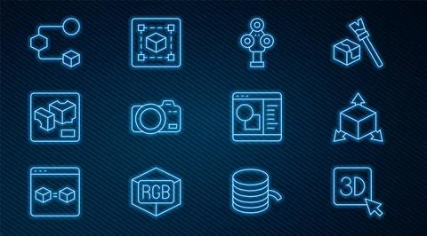 Set line 3D printer, Isometric cube, scanner, Photo camera, software and Ge.. Ilustração Stock