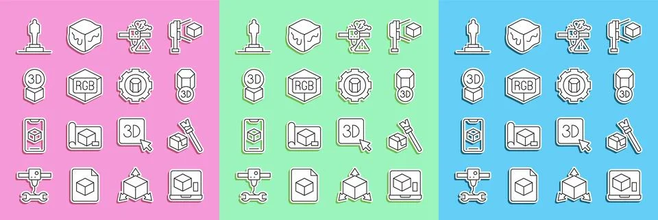 Set line 3D printer, Isometric cube, warning, RGB and CMYK color mixing, mo.. Stock Illustration