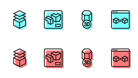 Set line 3D printer, Layers, and perfect copy icon. Vector Stockillustratie