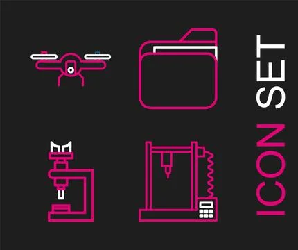Set line 3D printer, Microscope, Document folder and Drone flying icon. Vector Stockillustratie