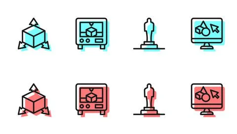 Set line 3D printer model, Isometric cube, and software icon. Vector Ilustração Stock