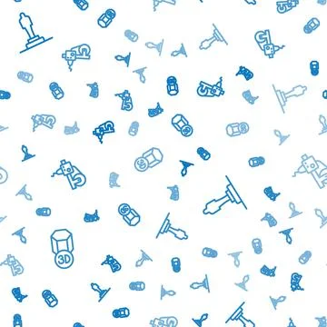 Set line 3D printer, model and on seamless pattern. Vector Stock Illustration