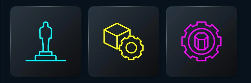 Set line 3D printer model, setting and Isometric cube. Black square button Stock Illustration