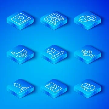 Set line 3D printer model, Isometric cube, software, scanner, Printing house Stock Illustration