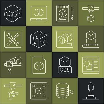 Set line 3D printer model, software, Isometric cube, Sketch on paper, setting Ilustração Stock