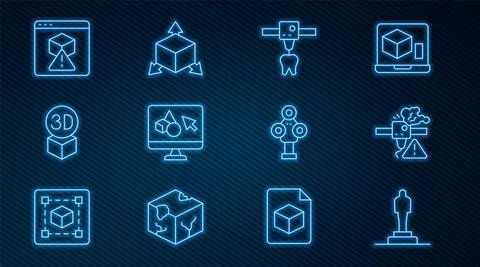 Set line 3D printer model, warning, tooth, software, Isometric cube, scanner and Ilustração Stock
