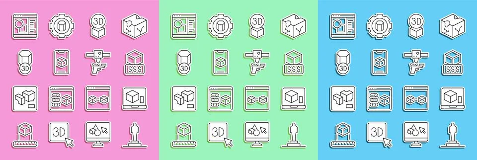 Set line 3D printer model, services, Isometric cube, software,  and gun icon. Stock Illustration