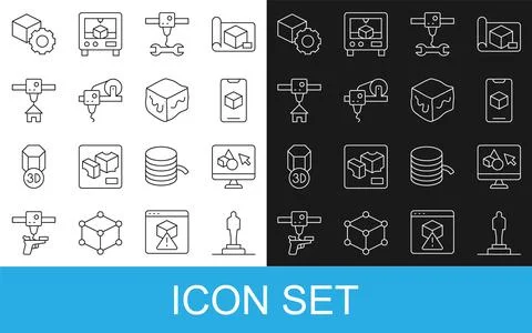 Set line 3D printer model, software, wrench spanner, house, Isometric cube and Ilustração Stock