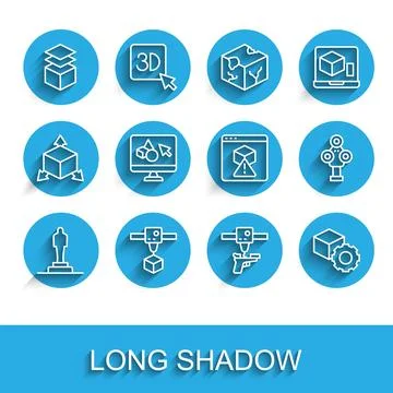 Set line 3D printer model, cube, Layers, gun, Isometric, software, scanner and Ilustração Stock