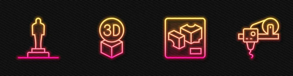 Set line 3D printer, model, Isometric cube and . Glowing neon icon. Vector Stock Illustration